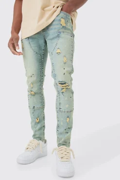 Skinny Stretch Ripped Carpenter Jeans In Antique Blue | BoohooMAN UK
