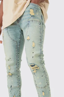 Skinny Stretch Ripped Carpenter Jeans In Antique Blue | BoohooMAN UK
