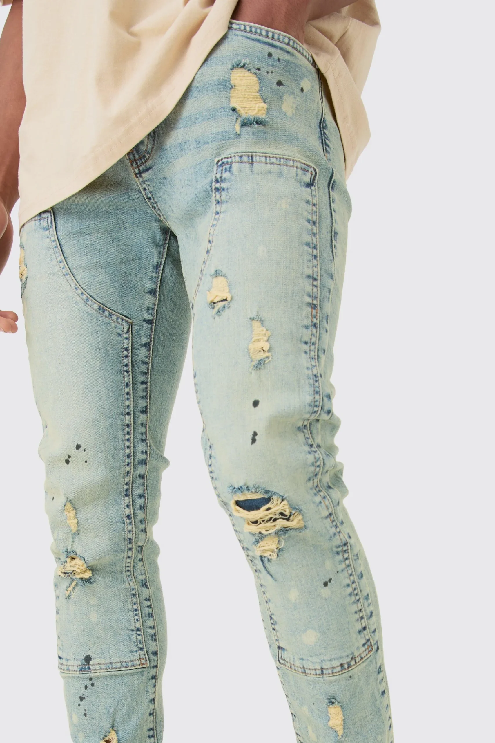 Skinny Stretch Ripped Carpenter Jeans In Antique Blue | BoohooMAN UK
