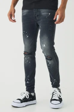 Skinny Stretch Ripped Paint Splatter Jeans | BoohooMAN UK