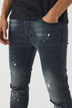 Skinny Stretch Ripped Paint Splatter Jeans | BoohooMAN UK