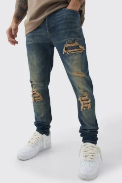 Skinny Stretch Stacked Bandana Rip & Repair Jeans | BoohooMAN UK