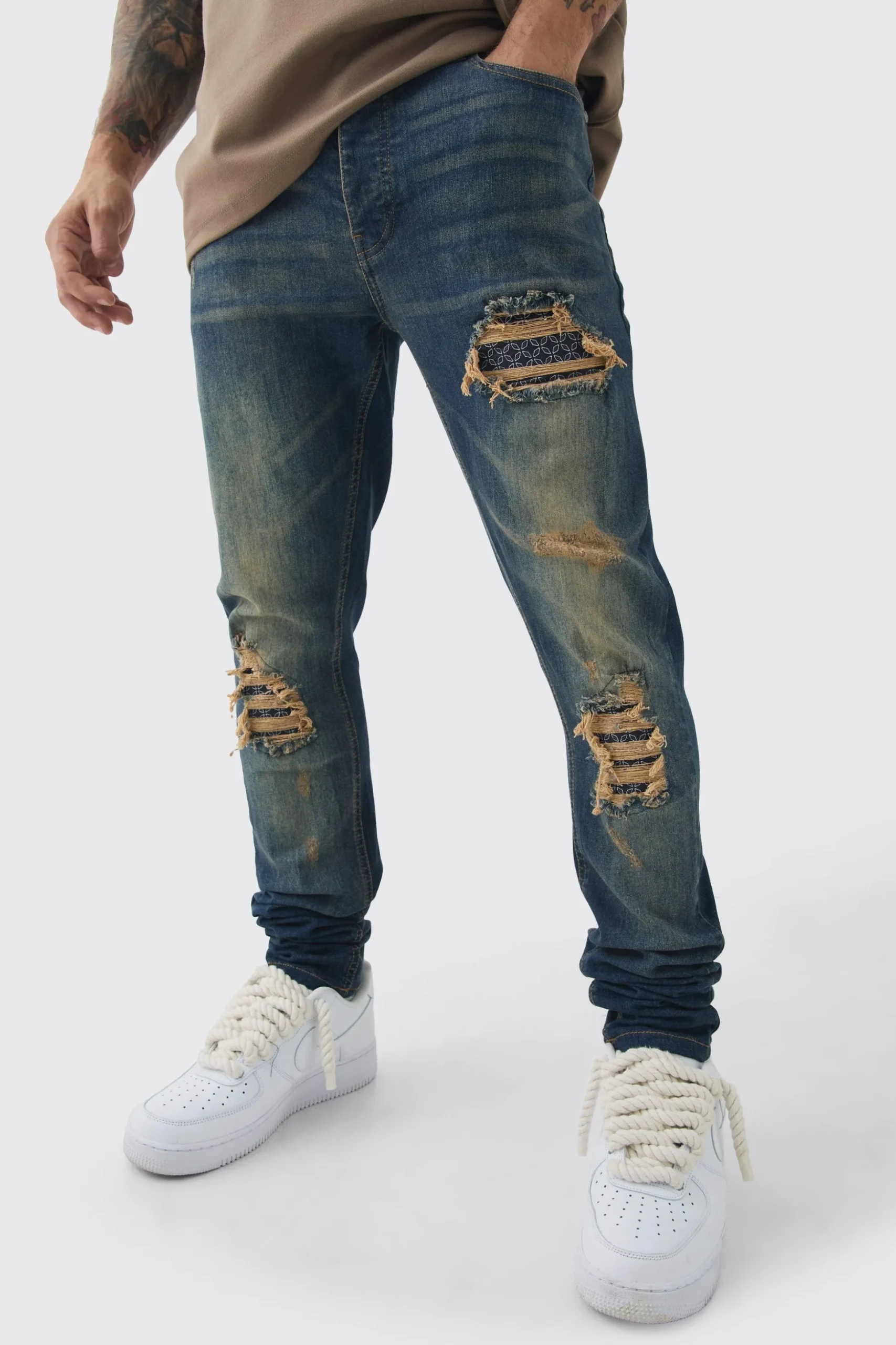 Skinny Stretch Stacked Bandana Rip & Repair Jeans | BoohooMAN UK