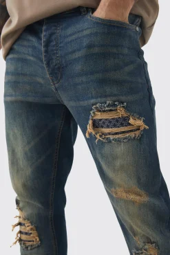 Skinny Stretch Stacked Bandana Rip & Repair Jeans | BoohooMAN UK