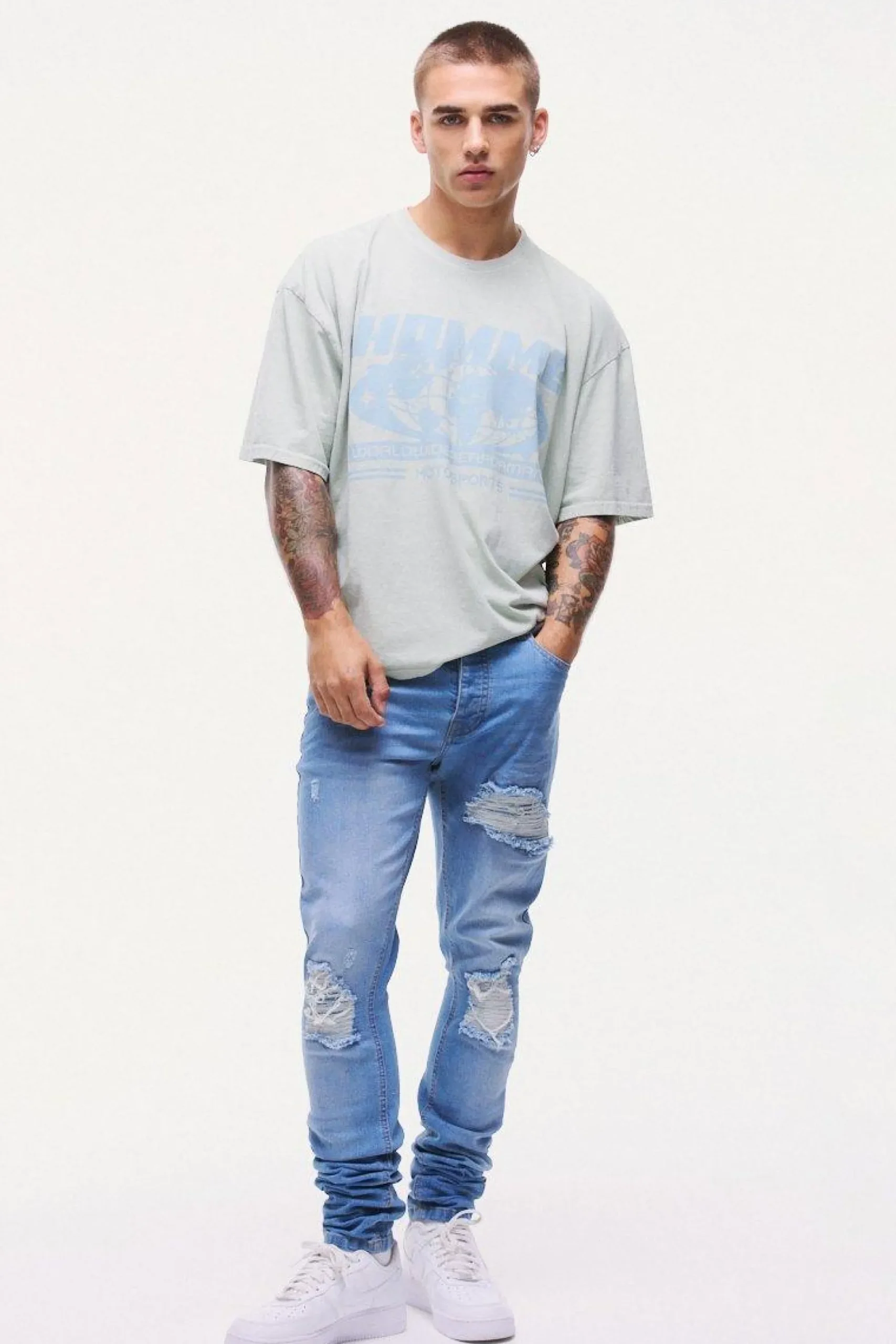 Skinny Stretch Stacked Biker Rip & Repair Jeans | BoohooMAN UK