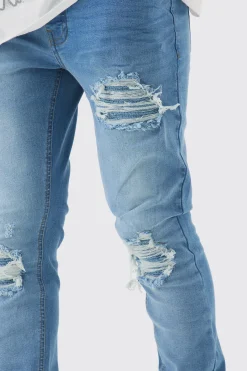 Skinny Stretch Stacked Biker Rip & Repair Jeans | BoohooMAN UK