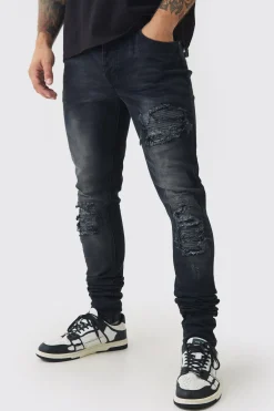 Skinny Stretch Stacked Biker Rip & Repair Jeans | BoohooMAN UK