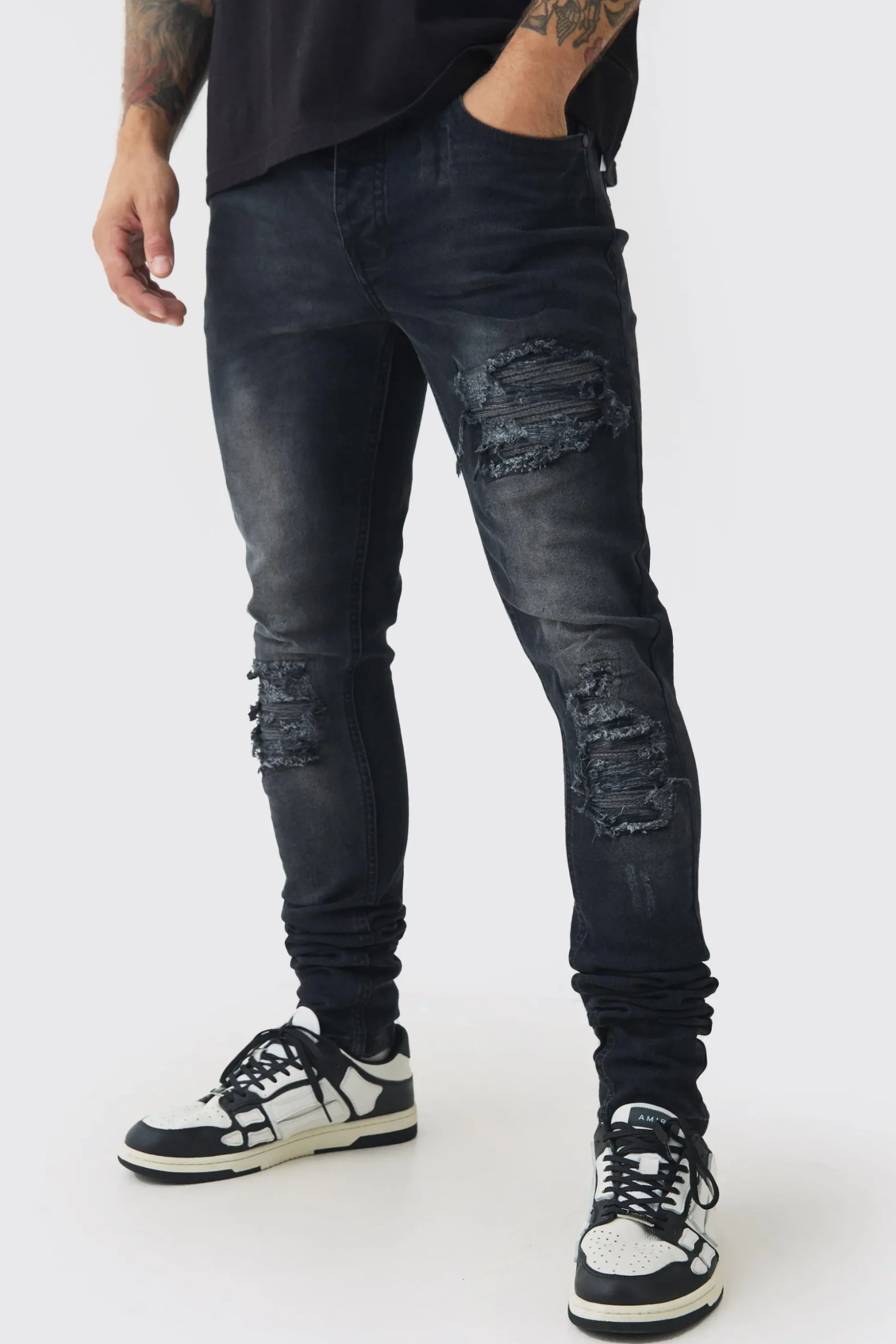 Skinny Stretch Stacked Biker Rip & Repair Jeans | BoohooMAN UK