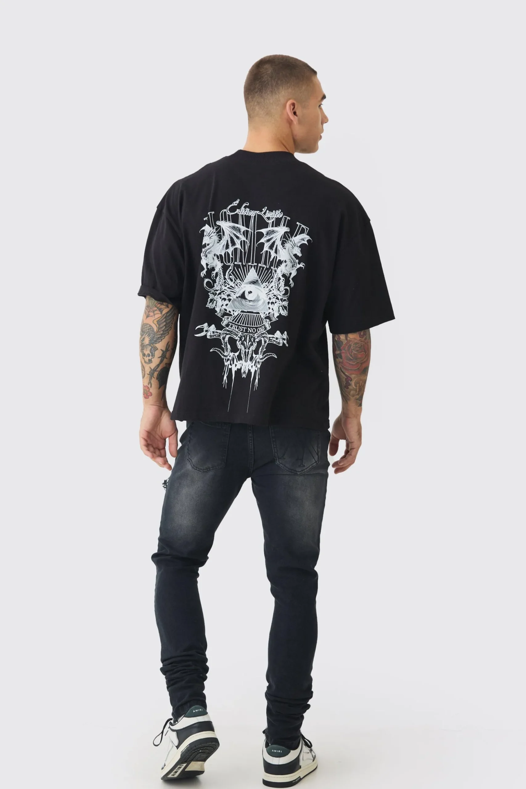 Skinny Stretch Stacked Biker Rip & Repair Jeans | BoohooMAN UK