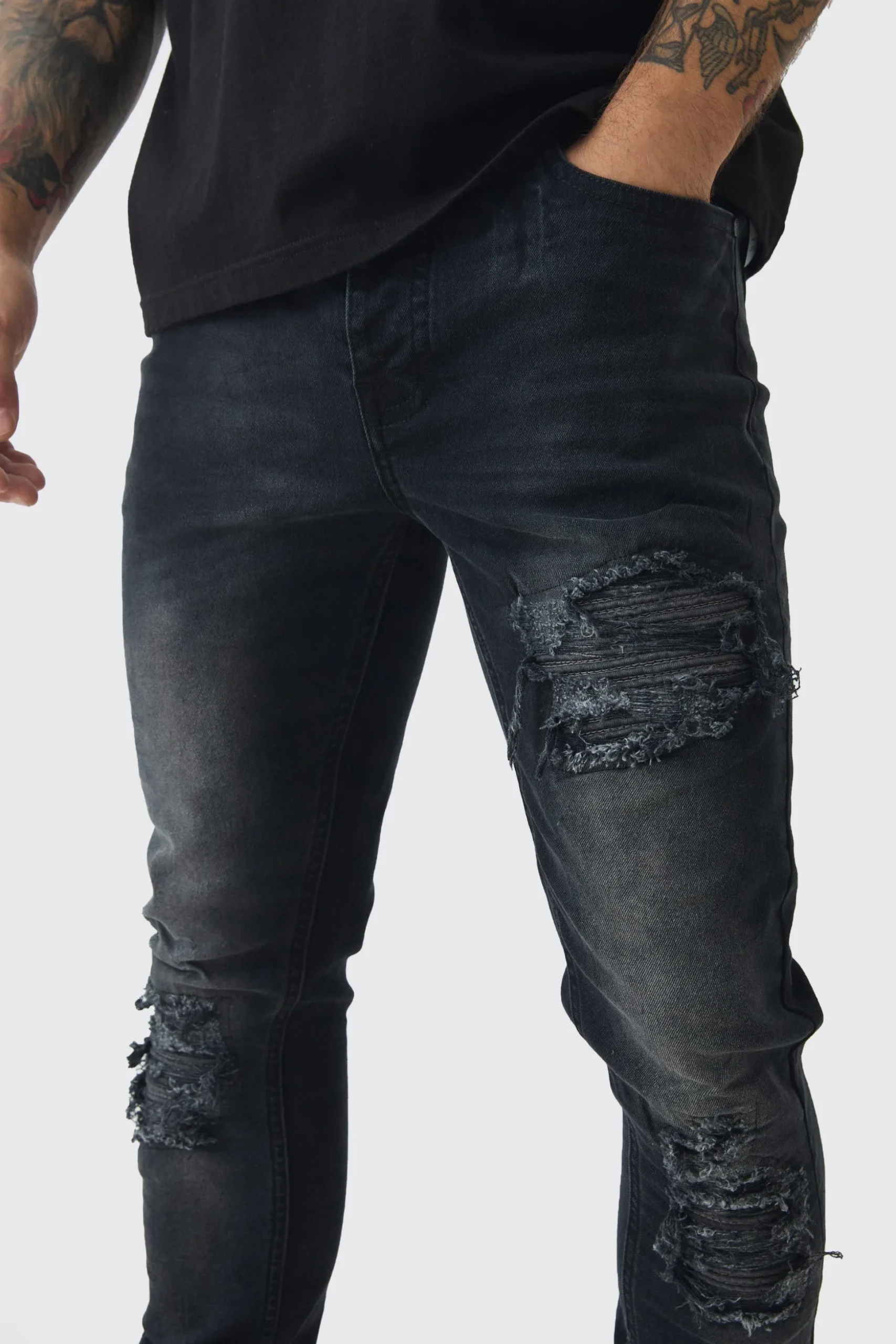 Skinny Stretch Stacked Biker Rip & Repair Jeans | BoohooMAN UK