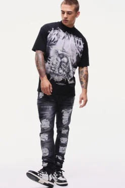 Skinny Stretch Stacked Black PU Biker Rip & Repair Jeans | BoohooMAN UK