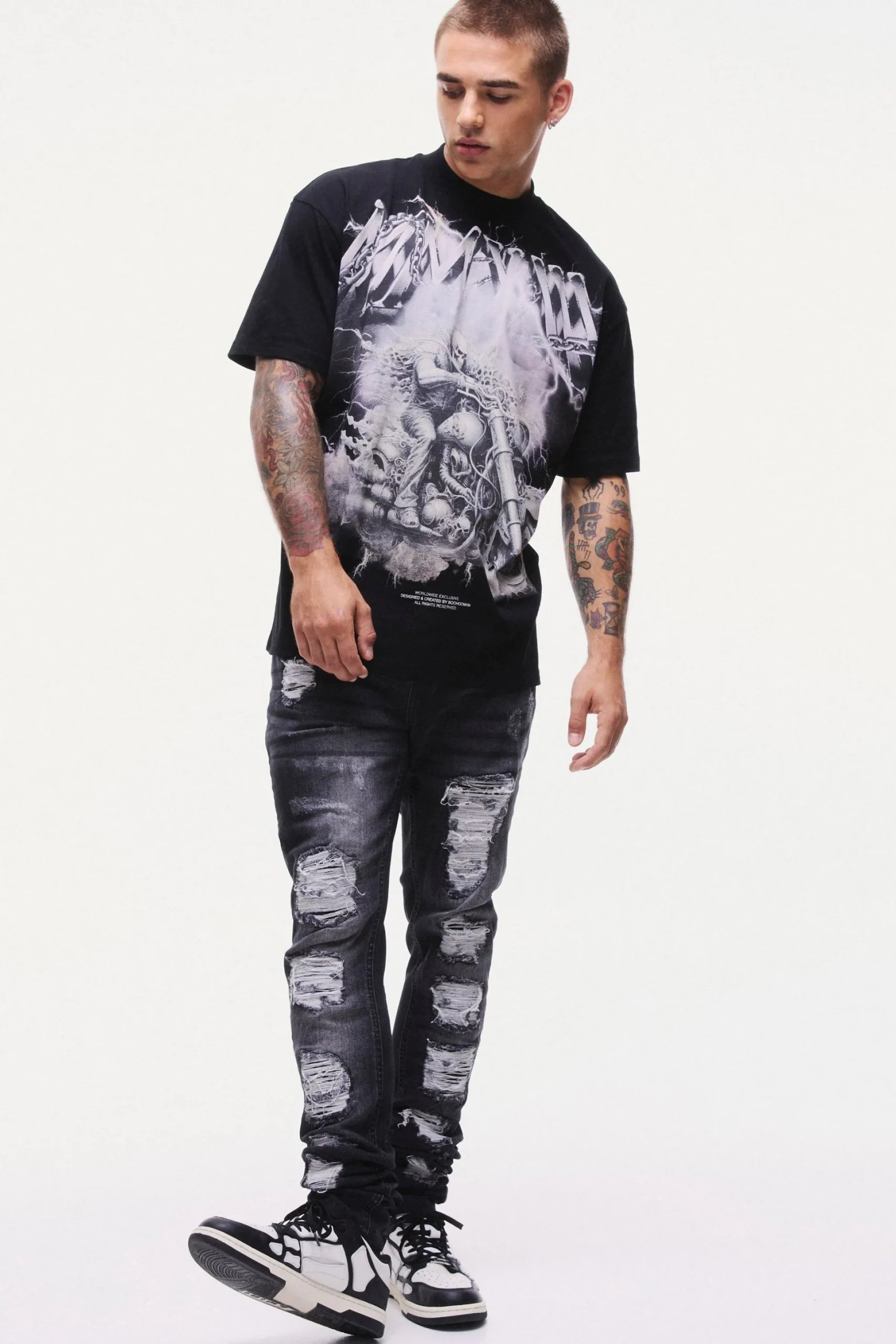 Skinny Stretch Stacked Black PU Biker Rip & Repair Jeans | BoohooMAN UK