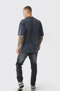 Skinny Stretch Stacked Black PU Biker Rip & Repair Jeans | BoohooMAN UK