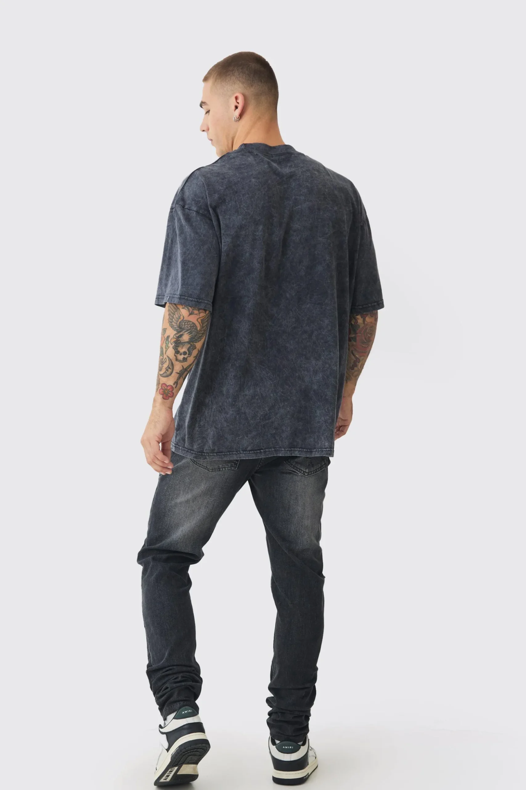 Skinny Stretch Stacked Black PU Biker Rip & Repair Jeans | BoohooMAN UK