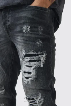 Skinny Stretch Stacked Black PU Biker Rip & Repair Jeans | BoohooMAN UK