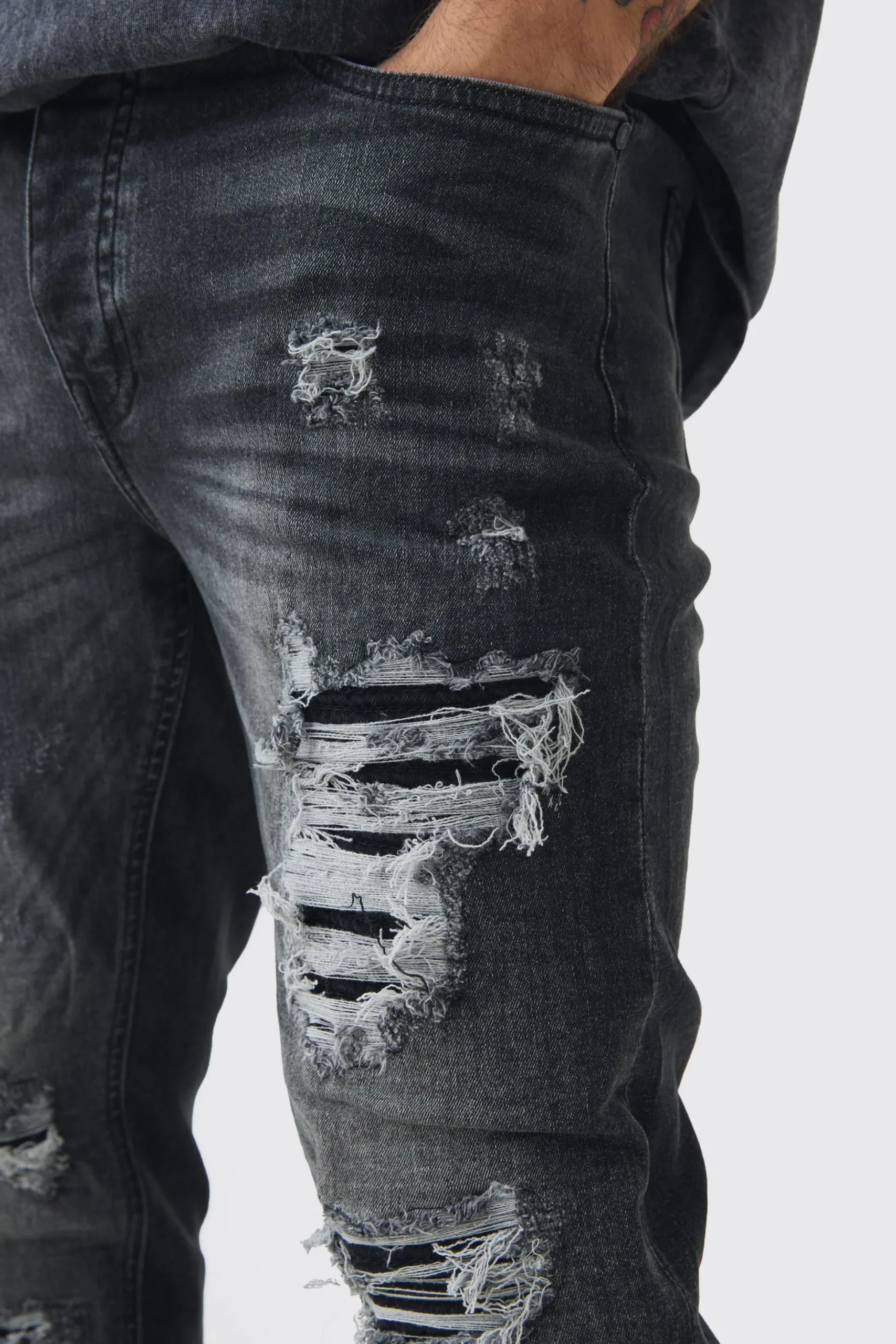 Skinny Stretch Stacked Black PU Biker Rip & Repair Jeans | BoohooMAN UK
