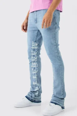 Skinny Stretch Stacked Distressed Embroidered Gusset Jeans | BoohooMAN UK