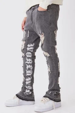 Skinny Stretch Stacked Distressed Embroidered Gusset Jeans | BoohooMAN UK
