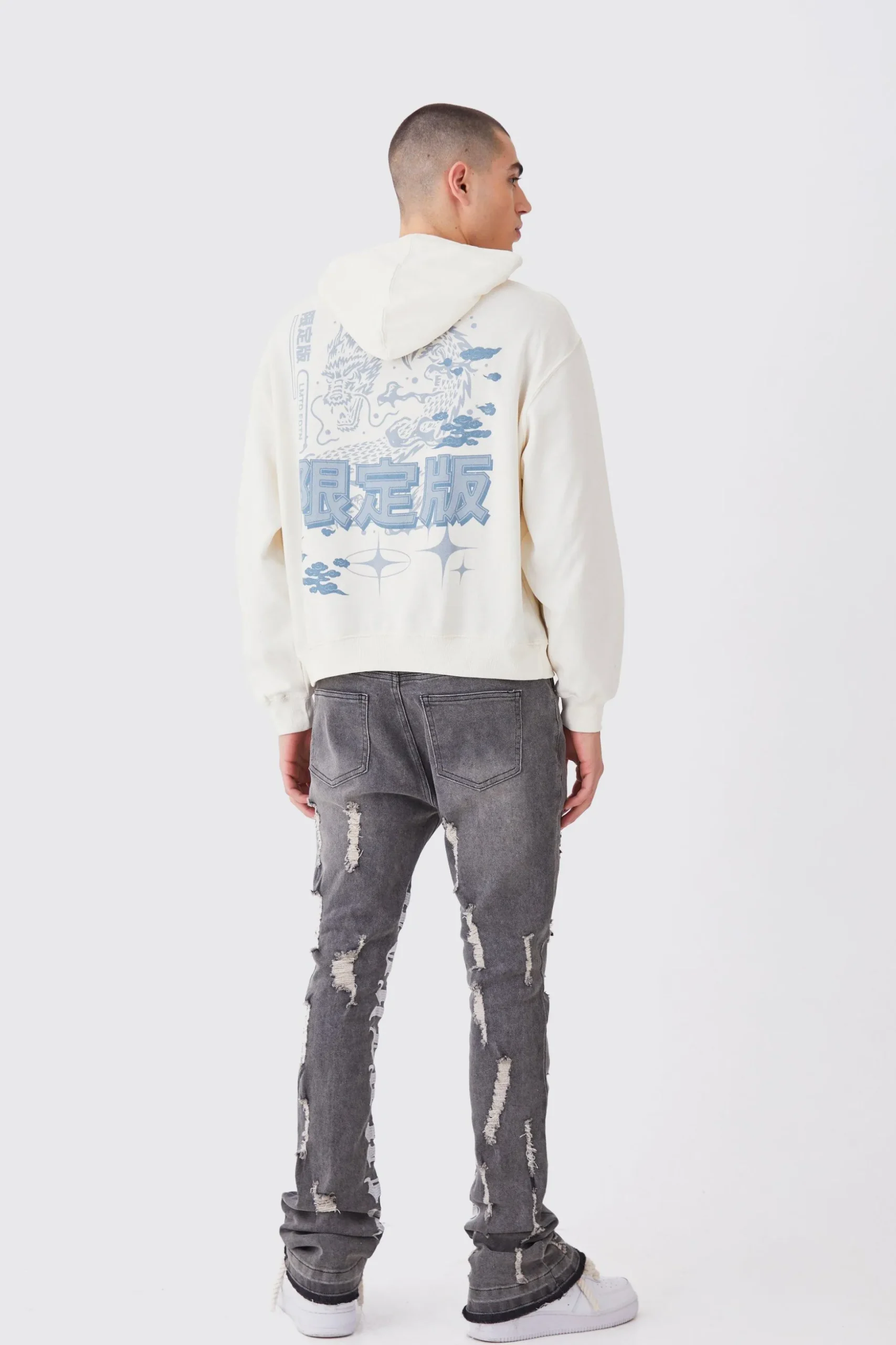 Skinny Stretch Stacked Distressed Embroidered Gusset Jeans | BoohooMAN UK