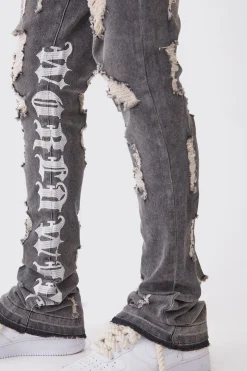 Skinny Stretch Stacked Distressed Embroidered Gusset Jeans | BoohooMAN UK