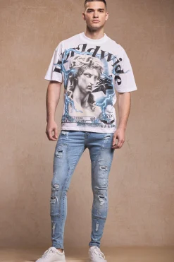 Skinny Stretch Stacked Ripped Carpenter Zip Hem Jeans In Light Blue | BoohooMAN UK