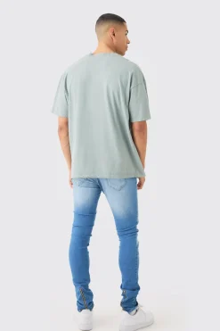 Skinny Stretch Stacked Ripped Carpenter Zip Hem Jeans In Light Blue | BoohooMAN UK