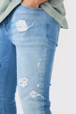 Skinny Stretch Stacked Ripped Carpenter Zip Hem Jeans In Light Blue | BoohooMAN UK