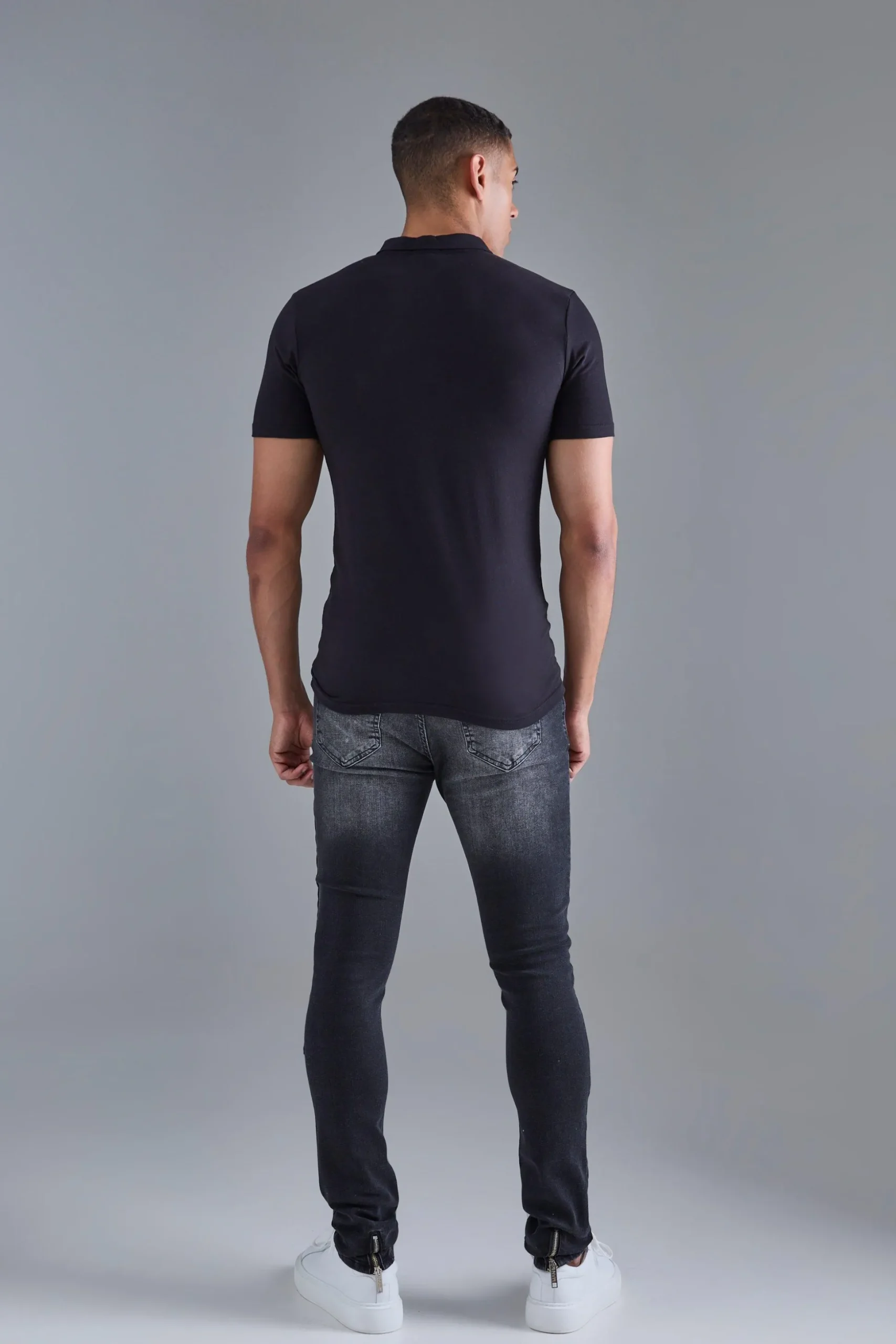 Skinny Stretch Stacked Ripped Carpenter Zip Hem Jeans In Black | BoohooMAN UK