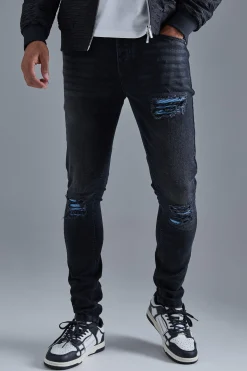 Skinny Stretch True Black Pu Biker Rip & Repair Jeans | BoohooMAN UK