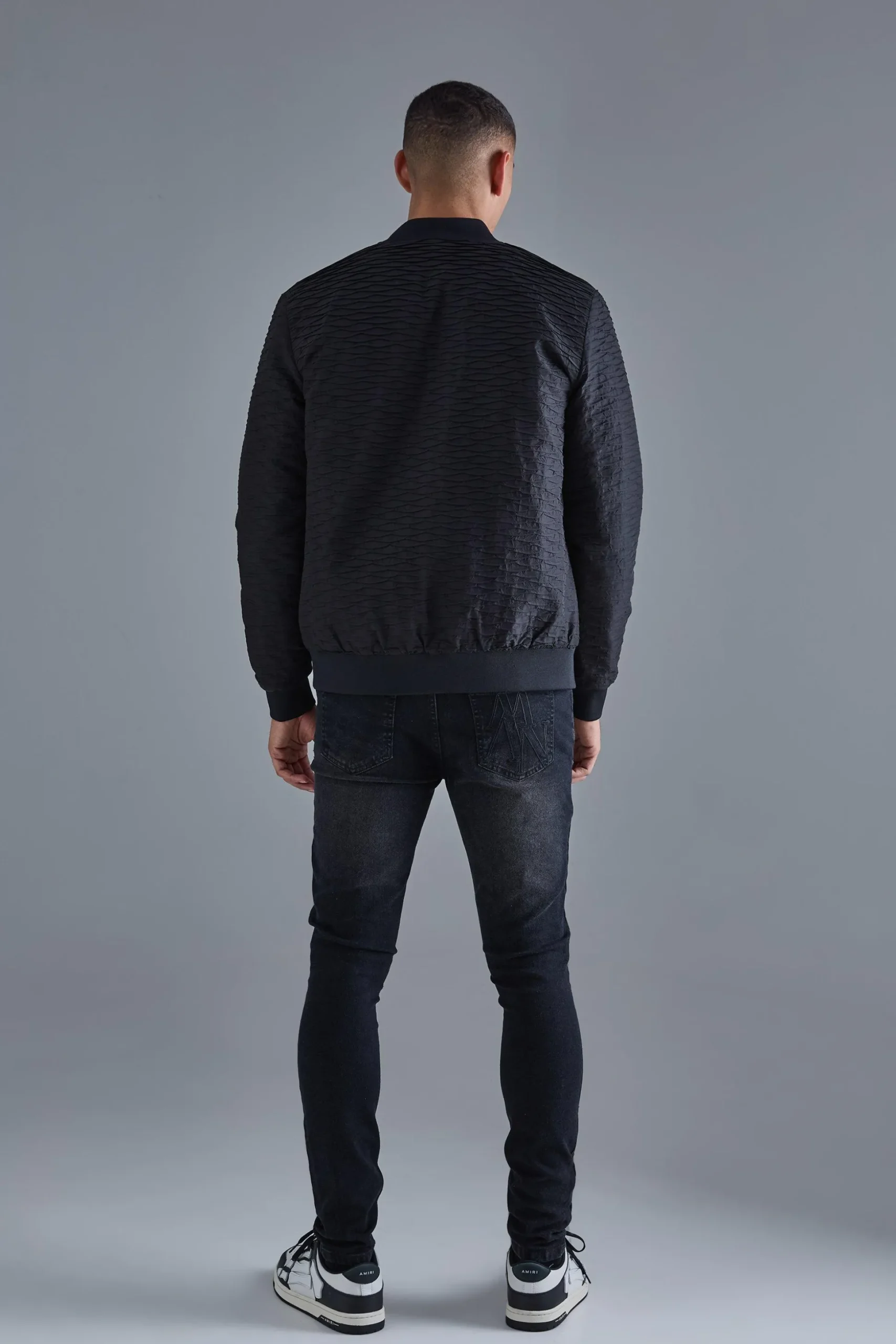 Skinny Stretch True Black Pu Biker Rip & Repair Jeans | BoohooMAN UK