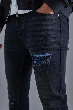 Skinny Stretch True Black Pu Biker Rip & Repair Jeans | BoohooMAN UK