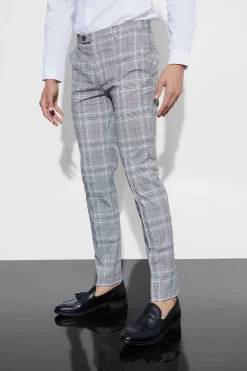 Skinny Tapered Smart Check Trouser With Pintuck | BoohooMAN UK