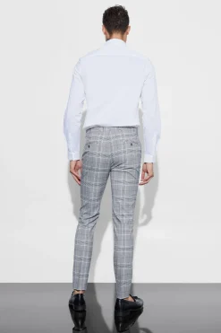 Skinny Tapered Smart Check Trouser With Pintuck | BoohooMAN UK