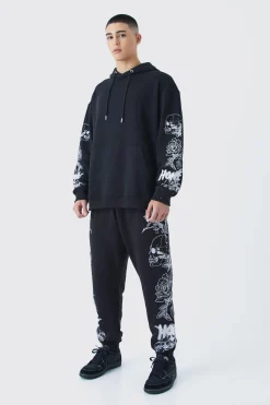 Skull Graphic Pocket Detail Hooded Tracksuit | BoohooMAN UK