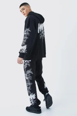 Skull Graphic Pocket Detail Hooded Tracksuit | BoohooMAN UK