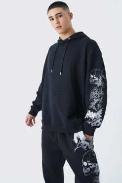 Skull Graphic Pocket Detail Hooded Tracksuit | BoohooMAN UK