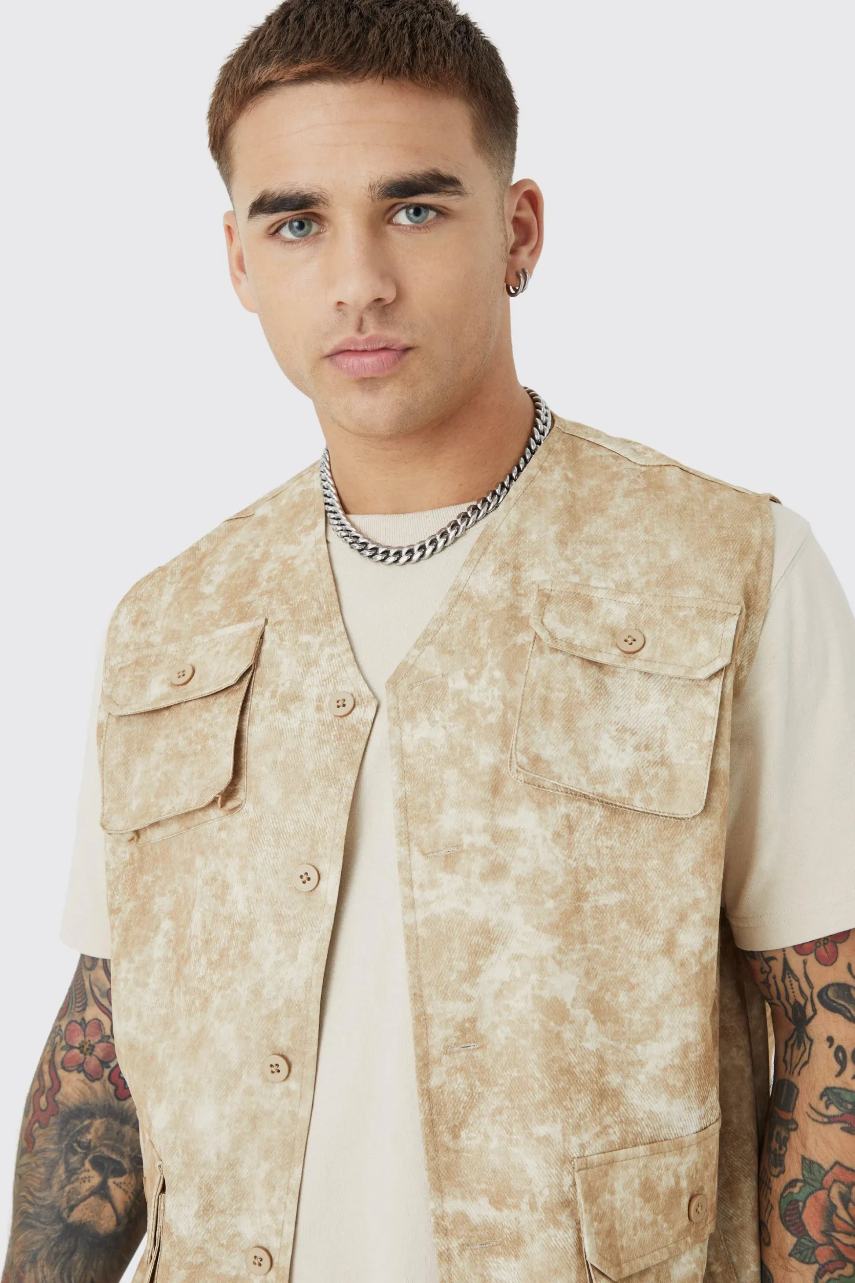 Sleeveless Cargo Utility Vest Set | BoohooMAN UK