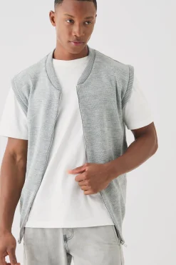 Sleeveless Knitted Zip Through Bomber | BoohooMAN UK