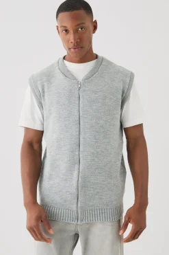 Sleeveless Knitted Zip Through Bomber | BoohooMAN UK