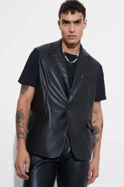 Sleeveless Pu Single Breasted Suit Jacket | BoohooMAN UK