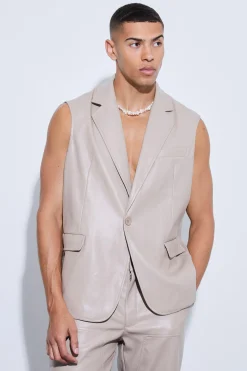 Sleeveless Pu Single Breasted Suit Jacket | BoohooMAN UK