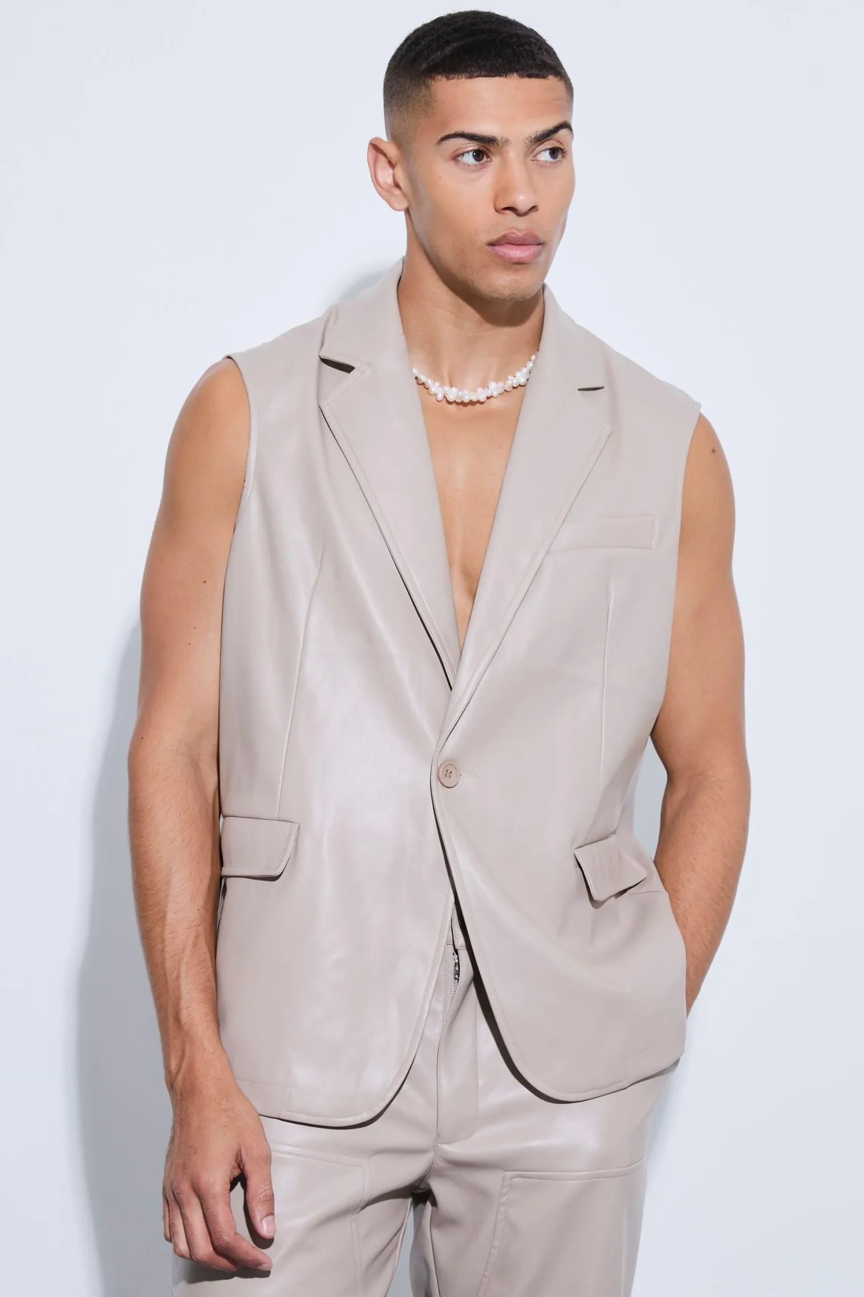 Sleeveless Pu Single Breasted Suit Jacket | BoohooMAN UK