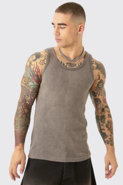 Slim Acid Washed Man Signature Ribbed Vest | BoohooMAN UK