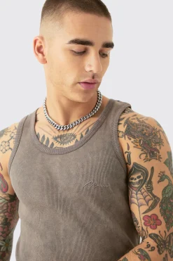 Slim Acid Washed Man Signature Ribbed Vest | BoohooMAN UK