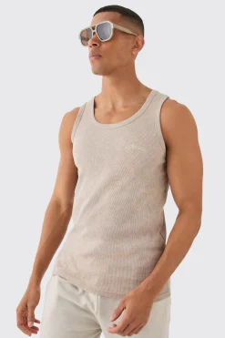 Slim Acid Washed Man Signature Ribbed Vest | BoohooMAN UK