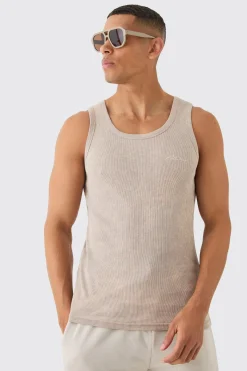 Slim Acid Washed Man Signature Ribbed Vest | BoohooMAN UK