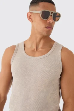 Slim Acid Washed Man Signature Ribbed Vest | BoohooMAN UK