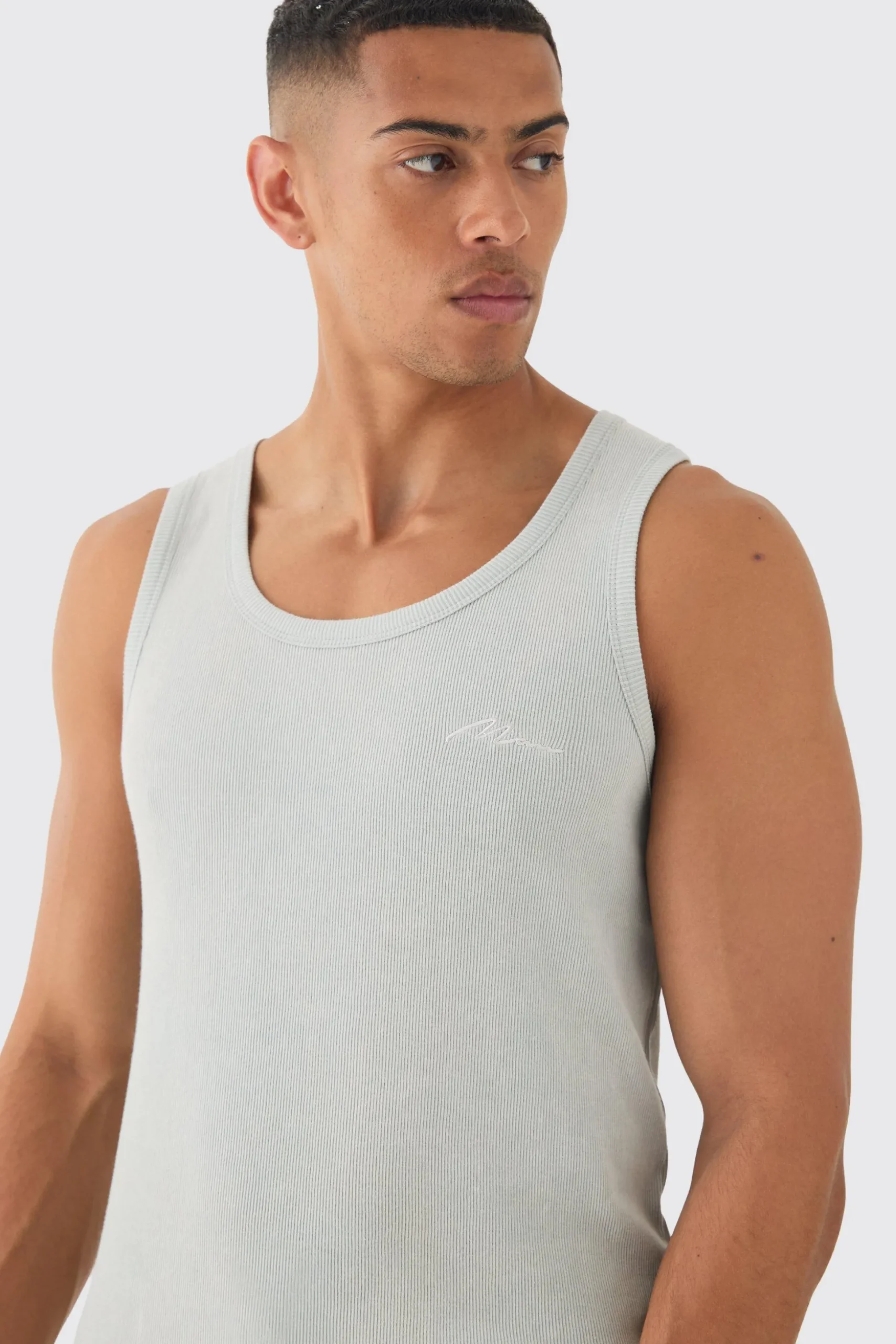 Slim Acid Washed Man Signature Ribbed Vest | BoohooMAN UK