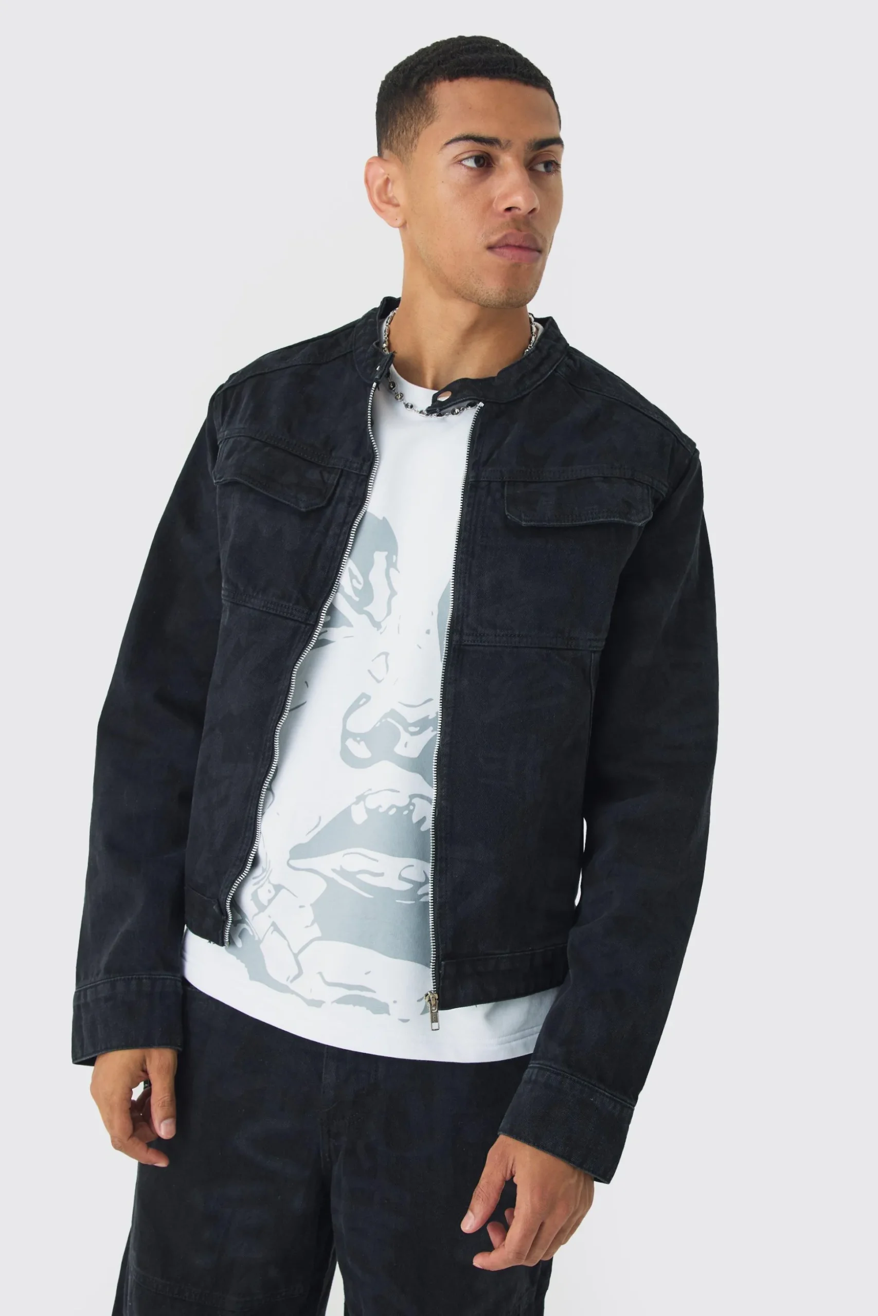 Slim Boxy Denim Graffiti Laser Print Biker Jacket | BoohooMAN UK