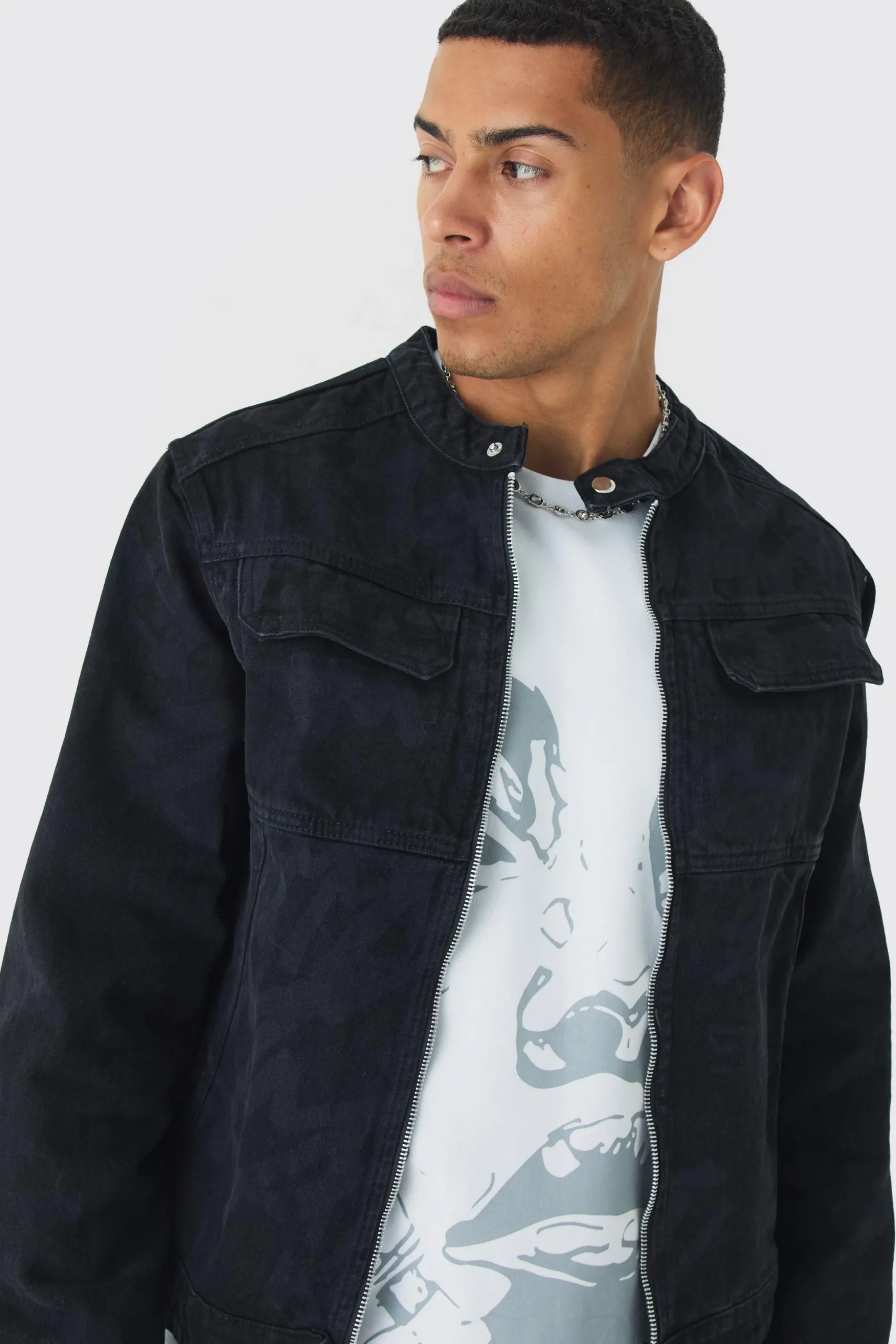 Slim Boxy Denim Graffiti Laser Print Biker Jacket | BoohooMAN UK